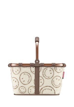 Rectangular shopping basket with brown handle and cream fabric sides featuring brown outlined smiley face patterns.