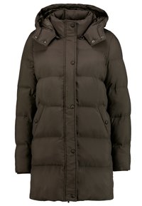 Polstret parka i mørk olivengrøn med hætte, trykknapper og to side lommer. Struktureret, quiltet design til isolering.