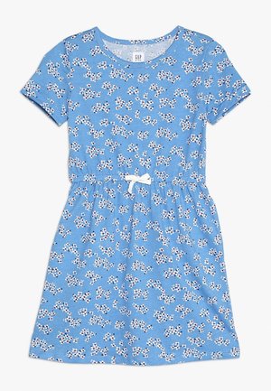 Blaues Kurzarmkleid mit kleinem weißem und pinkfarbenem Blumenmuster, elastischer Taille und weißer Schleife vorne.