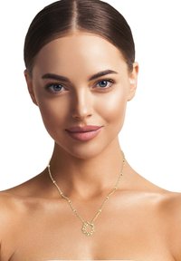 Guldsmykke med en cirkulær vedhæng med bladsmykker. Kæden har jævnt fordelt dekorative perler. Glat, poleret finish.