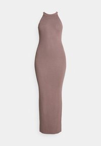 Mauve, figurbetontes Kleid mit hochgeschlossenem Kragen und ärmellosem Design. Hergestellt aus einem glatten, dehnbaren Stoff; bodenlang mit einer eleganten Silhouette.