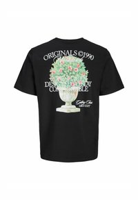 Svart T-skjorte med grafikk av en blomsterpotte med rosa blomster og tekst som sier "Originals ©1990," "København," og "Designet for å være komfortabel."