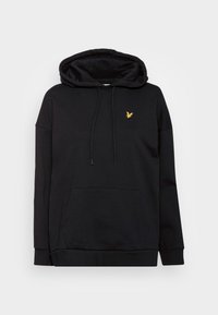 Hoodie noir en tissu doux, avec une poche à l'avant, une capuche avec cordon de serrage réglable et un petit logo d'aigle jaune sur la poitrine.