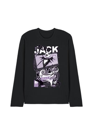 Black long-sleeve shirt featuring a graphic design in purple, depicting a character with a skeleton face, text, and decorative elements.