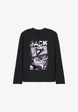 Black long-sleeve shirt featuring a graphic design in purple, depicting a character with a skeleton face, text, and decorative elements.
