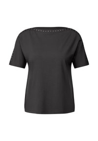 T-shirt noir à manches courtes en tissu lisse. Présente des accents cloutés le long de la couture de l'épaule. Design classique à coupe décontractée.