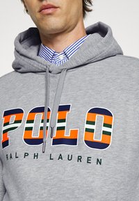 Grå hoodie med en djärv "POLO"-logotyp i orange, marinblå och gröna ränder. Under den syns en blå och vit randig skjorta med krage.