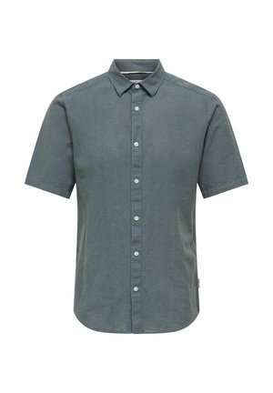 Chemise à manches courtes en lin gris foncé, dotée d'un col pointu, d'une patte de boutonnage à l'avant et d'un ourlet arrondi avec des fentes latérales.