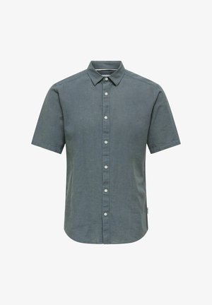 Chemise à manches courtes en lin gris foncé, dotée d'un col pointu, d'une patte de boutonnage à l'avant et d'un ourlet arrondi avec des fentes latérales.