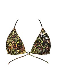 Biustonosz bikini w kształcie trójkąta z kolorowym nadrukiem zwierzęcym w odcieniach zieleni, pomarańczu i czerni; zawiązywany czarnymi paskami.