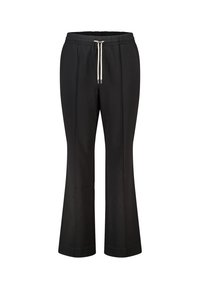 Pantalon noir avec un ourlet évasé, doté d'une taille à cordon de serrage et de détails de couture visibles. Tissu lisse avec une coupe décontractée.