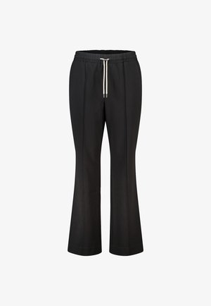 Zwarte broek met wijde pijpen, voorzien van een trekkoord in de taille en zichtbare stiksel details. Glad materiaal met een comfortabele pasvorm.
