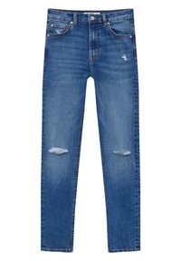 Blue denim jeans with a slim fit, featuring distressed rips near the knees, subtle whiskering, and classic five-pocket design.