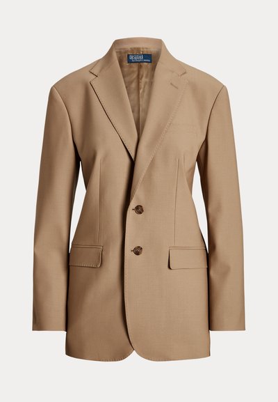 Blazer marrone chiaro monopetto con rever a incavi, due bottoni, tasche con pattina e maniche lunghe, etichettato Polo di Ralph Lauren.