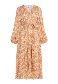 Rochie cu mâneci lungi, stil wrap, de culoare orange cu un model floral. Material fluid, decolteu în V și cordon pentru talie. Lungime midi.