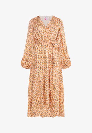 Lange mouwen, wikkeljurk in oranje met bloemmotief. Vloeiende stof, V-hals en een strikceintuur in de taille. Midi-lengte.