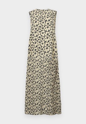 Abito senza maniche floreale in crema e blu navy, caratterizzato da un audace motivo di fiori, vestibilità ampia e design al ginocchio. Tessuto leggero.