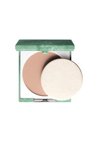 Compacta de polvo con una tapa de mármol verde, que presenta un tazón de polvo marrón claro y un puff aplicador circular blanco.