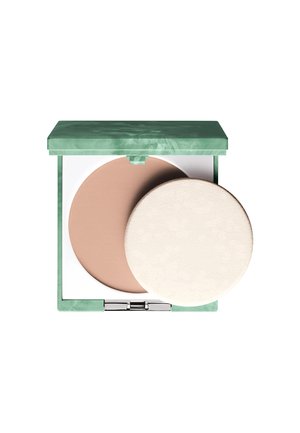 Pudderdåse med en grøn marmorering, der indeholder en lys brun pudderpande og en hvid cirkulær påførelsespuf.