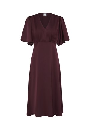 Mørkelilla midi-kjole med V-hals, samlet talje og korte pufærmer. Glat, flydende stof og en afslappet pasform.