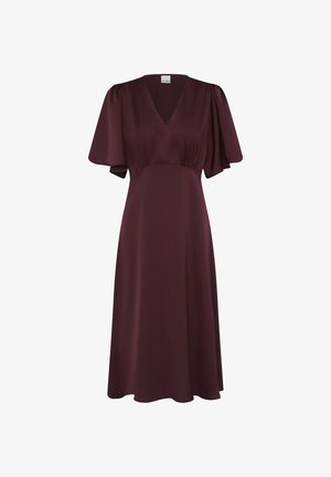Mørkelilla midi-kjole med V-hals, samlet talje og korte pufærmer. Glat, flydende stof og en afslappet pasform.
