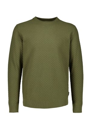 Oliwkowy sweter z długim rękawem z subtelnym, kratkowanym splotem, okrągłym dekoltem i prążkowanymi ściągaczami na mankietach i dole.