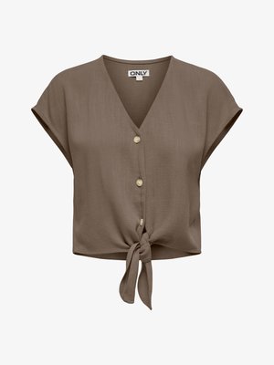 Pruun lühikeste varrukatega pluus V-kaelusega, ees kolm nööpi ja allääres seotud sõlm.