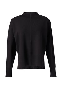 Black sweater with a high, ribbed neckline, drop shoulders, and ribbed cuffs. Features a straight cut and subtle seam detail at the back.