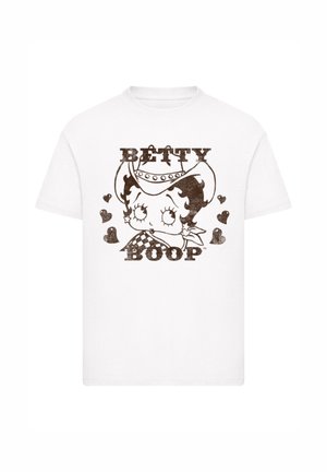 Weißes T-Shirt mit einem verwaschenen schwarzen Grafikdesign von Betty Boop, die einen Cowboyhut trägt, umgeben von kleinen Herzen, mit dem Text "Betty Boop."