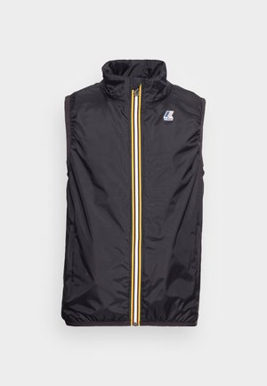 Schwarze ärmellose Weste mit hohem Kragen, Frontreißverschluss mit gelbem und weißem Besatz sowie kleinem K-Way-Logo auf der linken Brust.