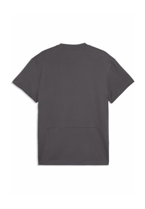 Mørkegrå T-shirt med korte ærmer og rund hals, vist bagfra, med en buet sømdetalje nær nederste kant.