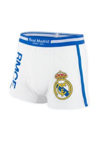 Białe bokserki męskie z niebieskim paskiem w talii oznaczonym "Real Madrid" i niebieskimi paskami po bokach, z logo klubu piłkarskiego Real Madrid.