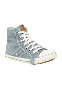 Světlomodré plátěné tenisky na vysoké podrážce s bílými tkaničkami, gumovou špičkou a akcentem z tanového kůže. Disponují logem na boku a pruhovanou podrážkou.