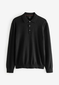 Schwarzes Langarm-Polohemd aus weichem Stoff. Mit Knopfleiste, geripptem Kragen und Bündchen sowie einem enganliegenden unteren Saum.