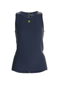 Navy blue athletic tank top featuring a ribbed texture, round neckline, and a small yellow logo on the chest. Lightweight fabric design.