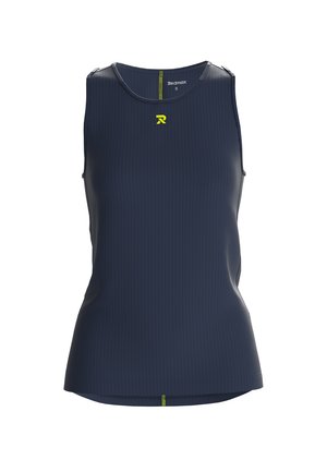Marineblauwe sportieve tanktop met een geribbelde textuur, ronde halslijn en een klein geel logo op de borst. Lichtgewicht stofontwerp.