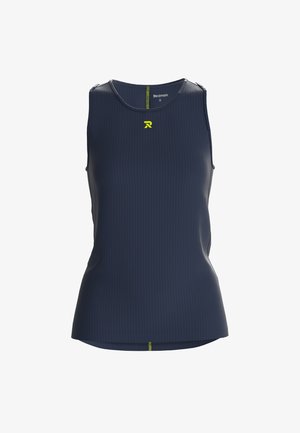 Marineblauwe sportieve tanktop met een geribbelde textuur, ronde halslijn en een klein geel logo op de borst. Lichtgewicht stofontwerp.