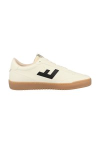 White leather sneakers with black logo, textured gum rubber outsole, and round toe. Features lace-up closure and padded collar.