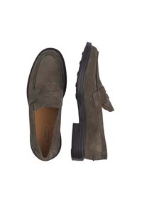 Suede loafers in dark green with a rounded toe, decorative top seam, and a slightly elevated black rubber sole for traction.