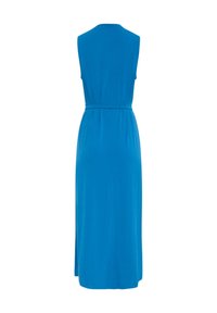 Sleeveless, knee-length dress in bright blue fabric with a smooth texture, featuring a belted waist and a back slit for ease of movement.