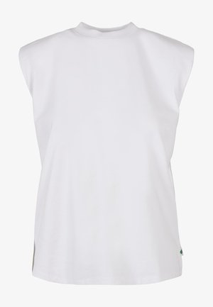 Vitt ärmlöst linne med hög krage, tillverkat av smidigt tyg. Har sidoklyftor och en liten grön detalj vid nederkanten.