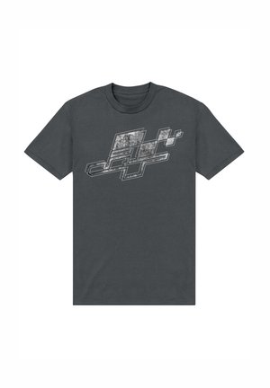 Mørkegrå t-shirt med en blød tekstur, der har et hvidt grafisk design af abstrakte former og linjer foran. Korte ærmer og rund hals.