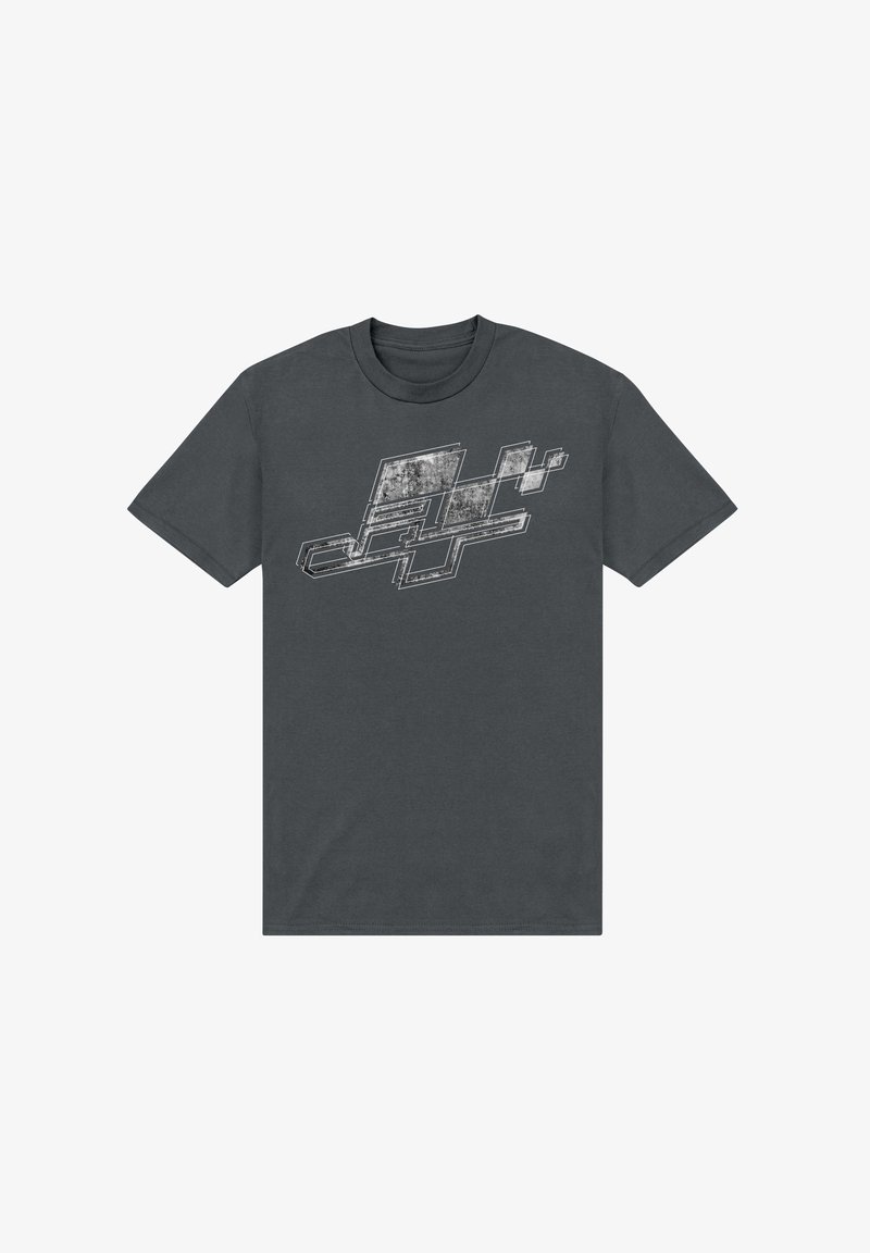 Tmavě šedé tričko s měkkou texturou, na přední straně s bílým grafickým designem abstraktních tvarů a linií. Krátké rukávy a klasický kulatý výstřih.