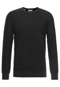 Dunkelgrauer Strickpullover mit rundem Ausschnitt und langen Ärmeln sowie gerippten Bündchen und Saum. Weiche Textur und klassischer Schnitt.