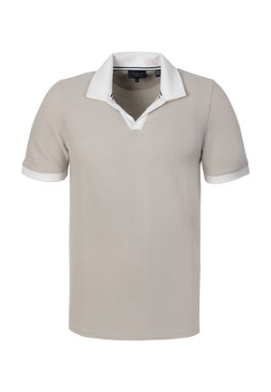 Beige textured short-sleeve polo shirt with white open collar and white sleeve cuffs, displayed on a plain background.