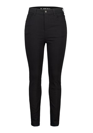 Jean skinny noir à taille haute, fabriqué en denim extensible. Comprend cinq poches et une fermeture à bouton en métal. Design simple et uni.