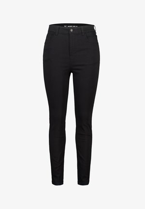 Zwarte skinny jeans met een hoge taille, gemaakt van rekbare denim. Beschikt over vijf zakken en een metalen knoopsluiting. Eenvoudig, solide ontwerp.