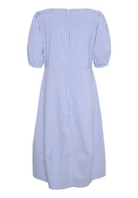 Striped dress in blue and white, featuring short puff sleeves, a straight cut, and a relaxed fit, made of lightweight fabric.