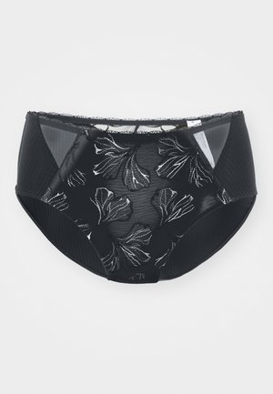 Črne hlačke z visokim pasom, okrašene z čipko, s cvetličnim vzorcem, rebrastim teksturo ob straneh in prosojnimi mrežastimi detajli.