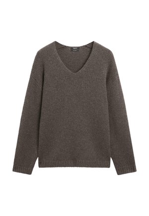 Długi, ciemnoszary sweter dzianinowy z dekoltem w serek oraz ściągaczami na rękawach i u dołu, przedstawiony na białym tle.